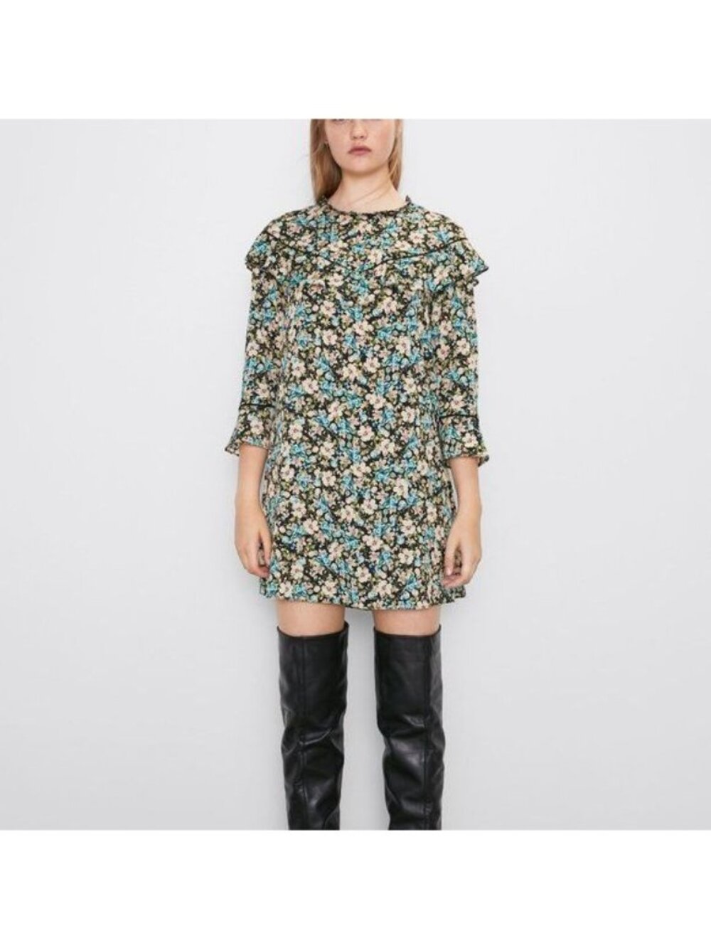ZARA Black with Floral Print Flowy Ruffle Dress Whimsical Boho Size Small